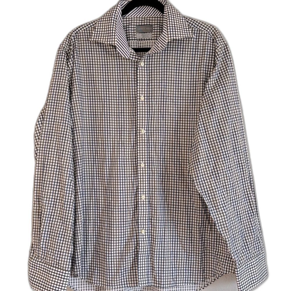 Thomas Dean 100% Cotton Button  Down Plaid Dress Shirt Mens XL